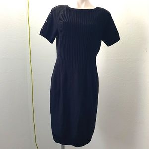 ST. JOHN Texture Ribbed Knit Wool Dress Black Short Sleeve MEDIUM